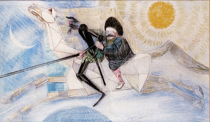 ilustração de Dom Quixote montado a cavalo