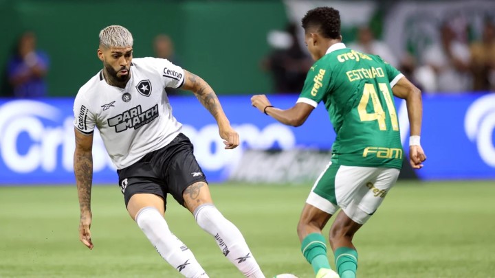 Barboza e Estêvão em duelo entre Botafogo e Palmeiras em 2024 — Foto: Vitor Silva/Botafogo
