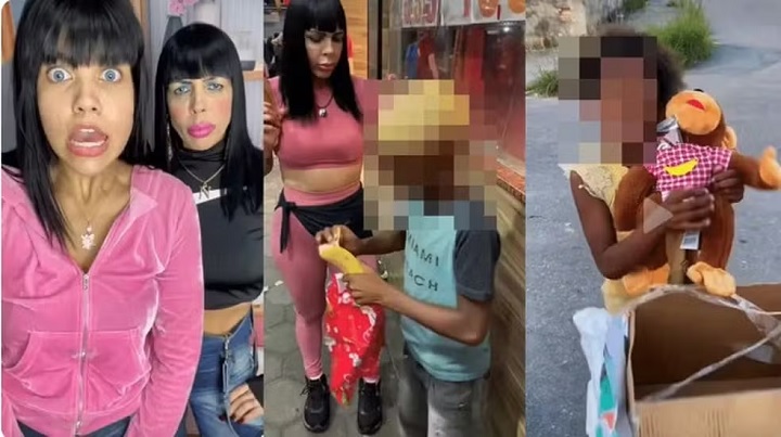 mãe e filha dão banana e macaco a crianças negras