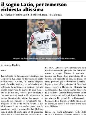 Jemerson Ã© sonho da Lazio, diz "Corriere dello Sport" (Foto: ReproduÃ§Ã£o/Corriere dello Sport)