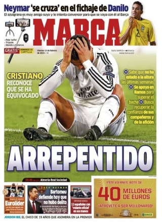 Jornal "Marca" afirma que Cristiano Ronaldo estÃ¡ arrependido por ter dado festa apÃ³s derrota para o AtlÃ©tico de Madri (Foto: ReproduÃ§Ã£o)