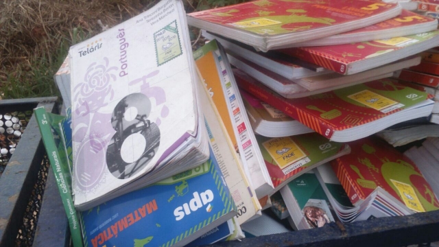 Livros didÃ¡ticos foram jogados no lixo. (Foto: whatsapp)