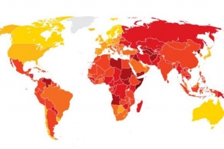 Quanto mais prÃ³ximo da cor amarela, menos corrupto o paÃ­s, quanto mais prÃ³ximo da cor vermelha, mais corrupto (Foto: TransparÃªncia Internacional)